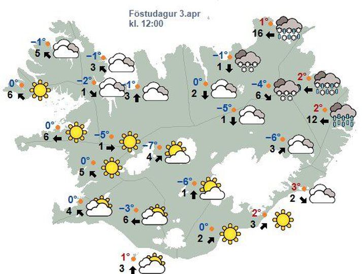 Spákort Veðurstofunnar sem sýnir veðurhorfur í hádeginu í dag.