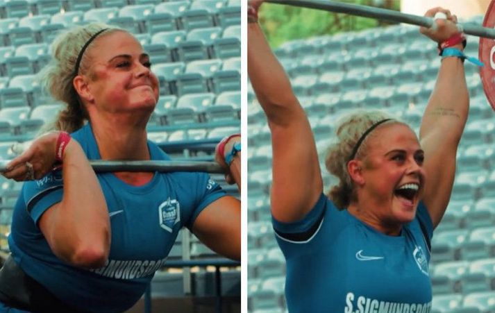 Sara Sigmundsdóttir tók vel á því og var líka mjög glöð þegar 107,5 kílóin fóru upp.