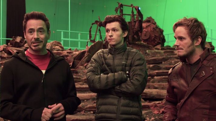 Robert Downey Jr, Tom Holland og Chris Pratt á fyrsta tökudegi Avengers: Infinty War.