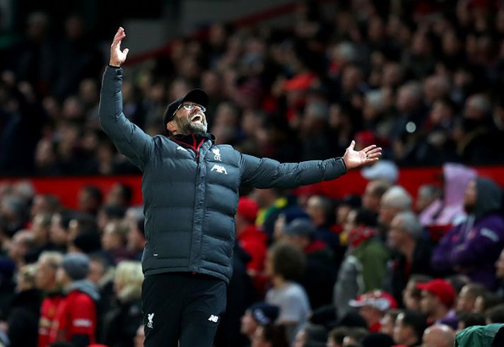 Klopp líflegur á Old Trafford í gær.