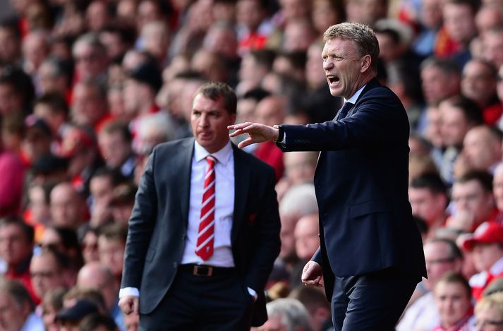 Moyes og Rodgers voru ekki sammála um hvort mark Distin hefði átt að standa.