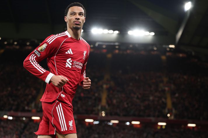 Hugo Ekitike skoraði tvö mörk fyrir Liverpool á móti Brighton í dag.