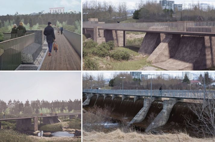 Myndirnar til hægri sýna mögulegt útlit Árbæjarstíflu fyrir (neðri mynd) og eftir (efri mynd). Myndirnar til vinstri eru teikningar af mögulegu útliti eftir breytingar frá fleiri sjónarhornum.