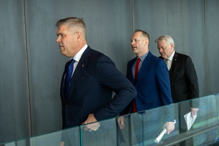 Frá kynningu nýrrar ríkisstjórnar í Hörpu. Bjarni Benediktsson forsætisráðherra, Sigurður Ingi Jóhannsson fjármálaráðherra,, Ingi Guðbrandsson félags- og vinnumarkaðsráðherra Guðmundur Ingi Guðbrandsson.