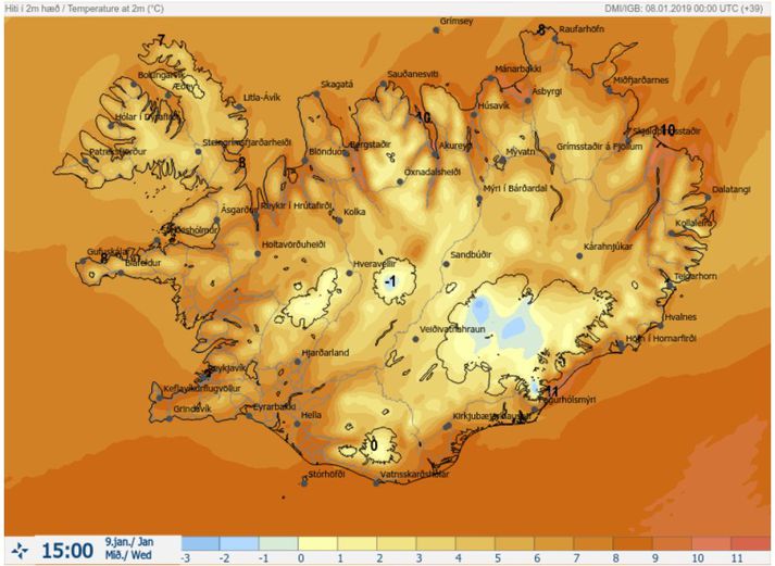 Fáum við loksins sumarveður í janúar? Skjáskot af hitaspá Veðurstofunnar klukkan 15 á morgun.