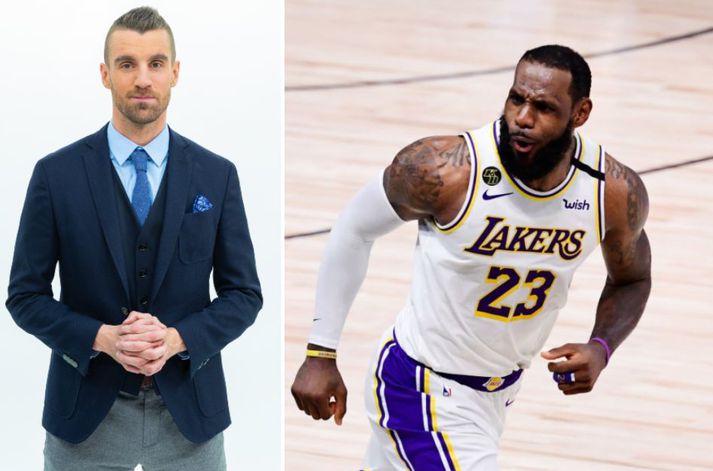 Kjartan Atli gefur út bók um stjörnurnar í NBA og það í Bandaríkjunum. Hér til hægri má sjá stórstjörnuna Lebron James í leik með Los Angeles Lakers en hann mun án efa koma við sögu í bók Kjartans.