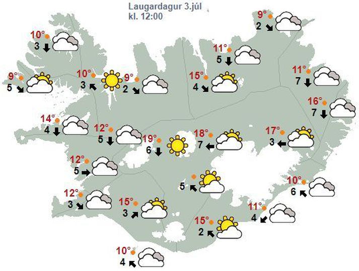 Veðurhorfur á landinu á hádegi í dag.