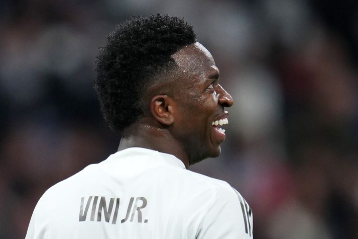 Vinícius Júnior fagnar marki með Real Madrid á síðustu leiktíð. Nú er uppi óvissa um framtíð hans.