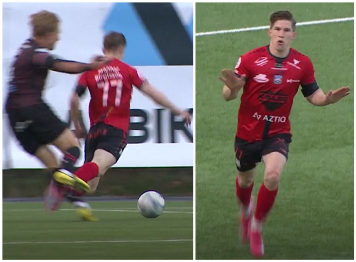 Hrannar Snær Magnússon fiskaði vítið og skoraði úr því sjálfur af miklu öryggi. Sögulegt mark enda það fyrsta sem Afturelding skorar í efstu deild.