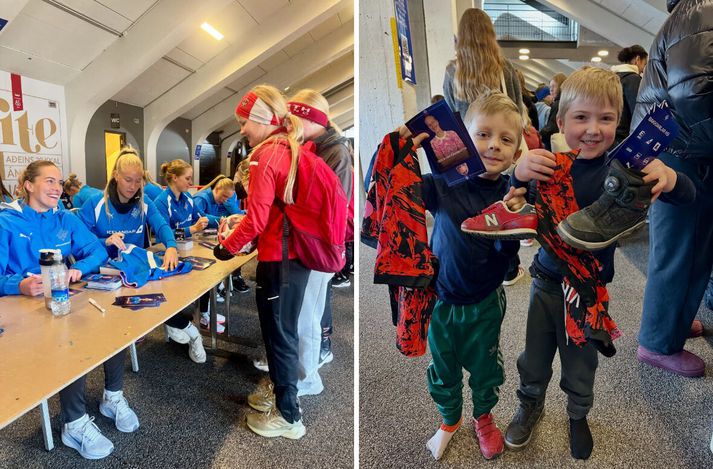 Hildur Antonsdóttir brosti breitt til ungra aðdáenda og allir héldu glaðbeittir út í sólina.