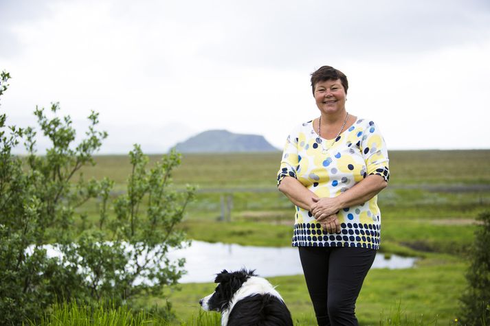 Guðrún á land upp í topp á Dímon sem hér sést út við sjóndeildarhringinn. Hún hefur unnið mikið að uppgræðslu á Markarfljótsaurunum, skógur heima við bæ ber iðni hennar líka vott.