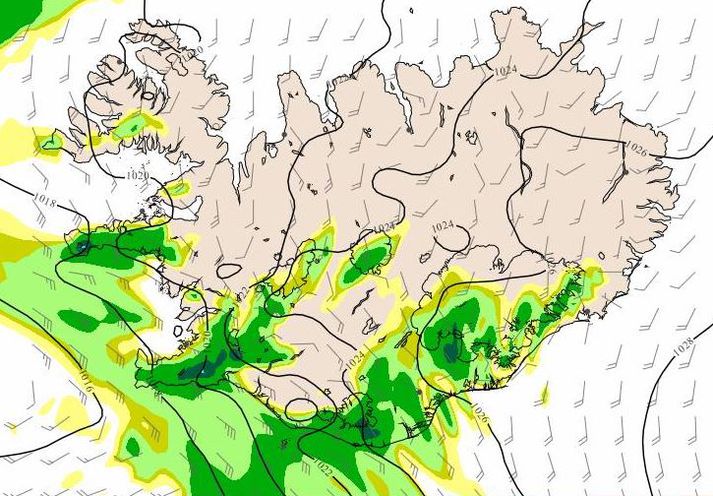 Spákort frá Veðurstofu Íslands sem sýnir veðrið eins og það á að vera seint í kvöld.
