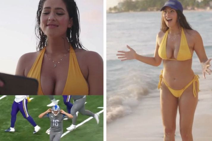 Christen Harper, kærasta Jared Goff, var svo innilega ánægð fyrir hönd síns manns eftir fyrsta sigurinn og fólkið á Sports Illustrated tók viðbrögð hennar upp.