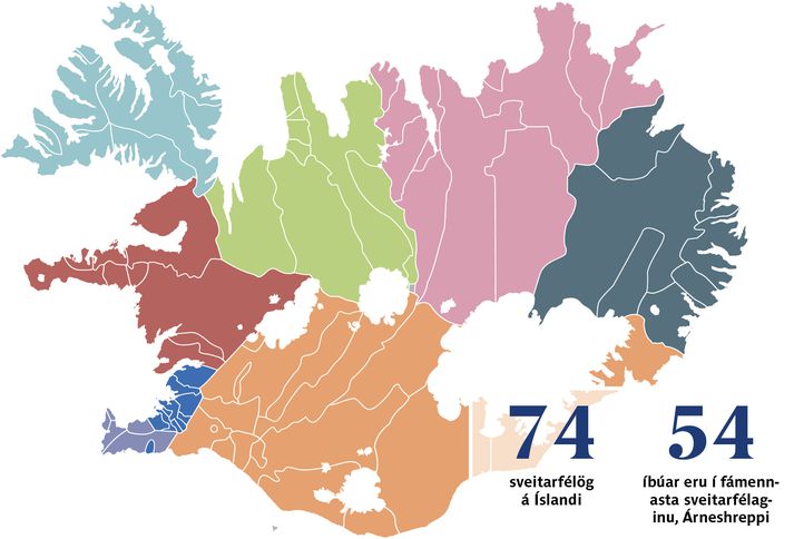 Alls eru 74 sveitarfélög á Íslandi. Í því fámennasta, Árneshreppi, búa 54.