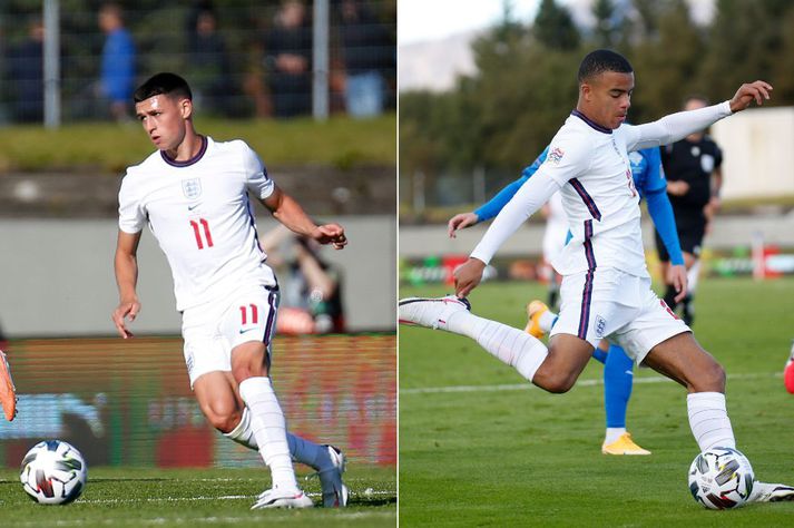 Foden (t.v.) og Greenwood komu báðir við sögu á Laugardalsvelli þegar England vann Ísland 1-0.