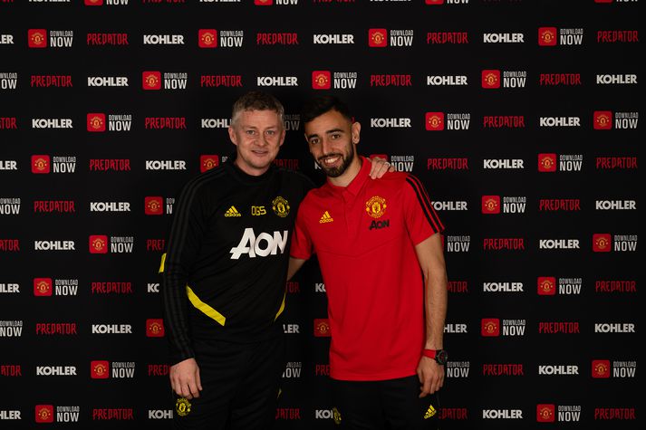 Bruno Fernandes og Ole Gunnar Solskjær, knattspyrnustjóri Manchester United.