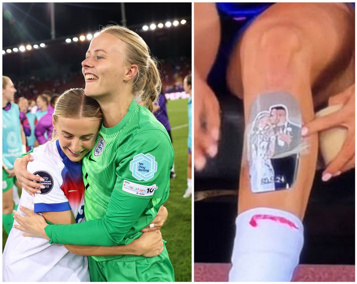 Hetjur enska landsliðsins í gær. Hannah Hampton markvörður sem fór á kostum í vítakeppninni og Chloe Kelly sem breytti leiknum um leið og hún kom inn á völlinn.