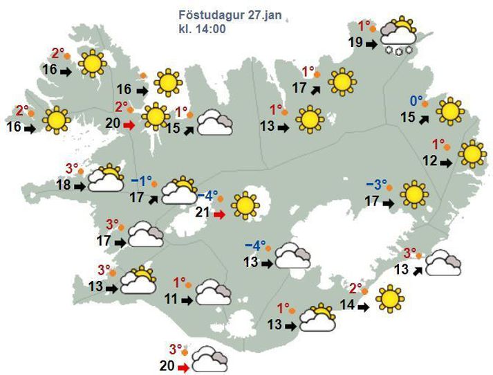 Spákort fyrir klukkan 14.