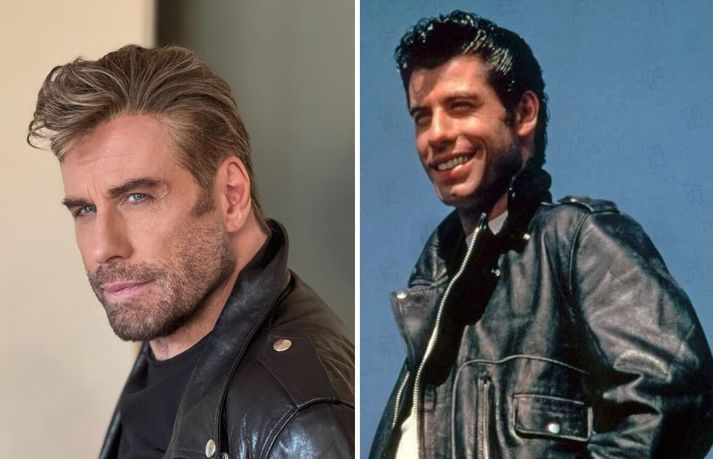Leikarinn John Travolta deildi myndinni til vinstri af sér í dag. Til hægri má sjá hann í myndinni Grease, sem Danny Zuko. 