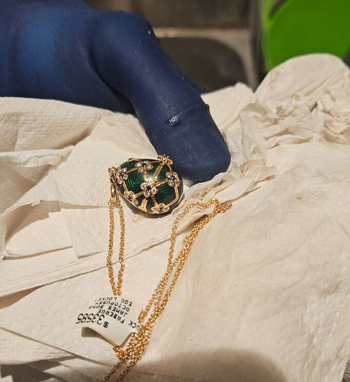 Gullhálsmenið verðmæta eftir að það skilaði sér út úr þjófnum sem gleypti það fyrir viku.