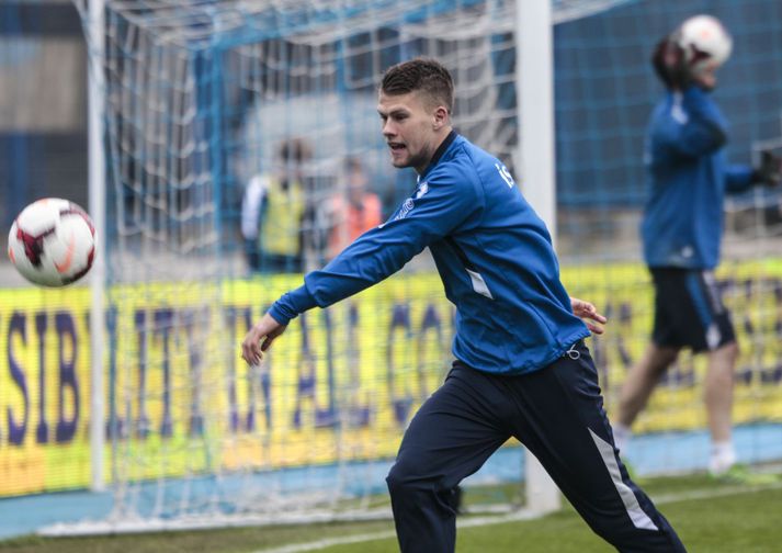 Jóhann Berg á æfingu landsliðsins í dag.