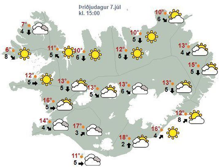 Spákort veðurstofunnar fyrir klukkan 15 eins og það leit út í morgun.