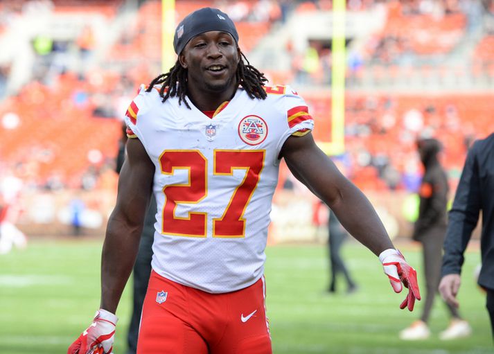 Kareem Hunt eftir leik með Kansas City Chiefs á síðasta tímabili.