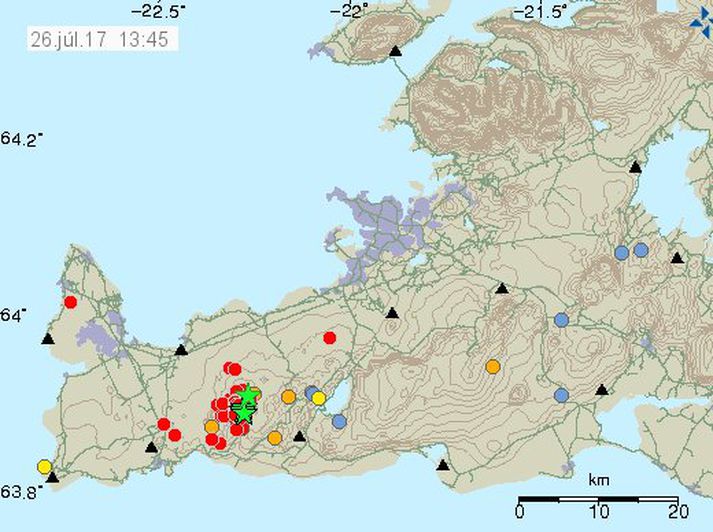 Kortið er af vef Veðurstofu Íslands og sýnir skjálftana sem mælst hafa á Reykjanesskaganum í dag.