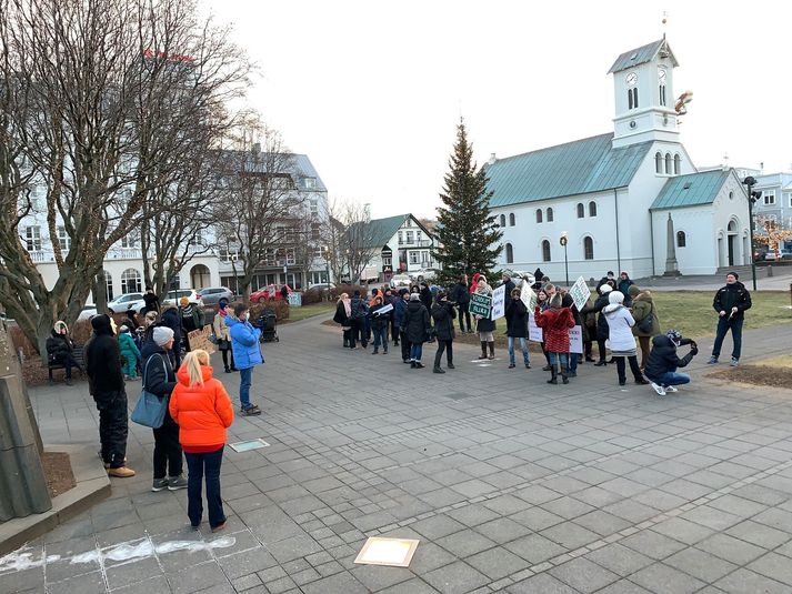 Um þrjátíu til fjörutíu söfnuðust saman á Austurvelli á laugardag til að mótmæla sóttvarnaaðgerðum stjórnvalda. Á meðal þátttakenda var Elísabet Guðmundsdóttir, lýtalæknir.