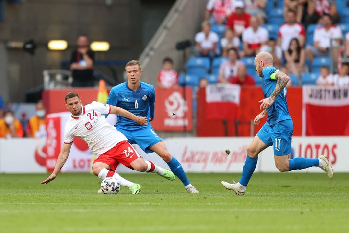 Brynjar Ingi og Aron Einar Gunnarsson í 2-2 jafnteflinu við Pólland fyrr í dag.