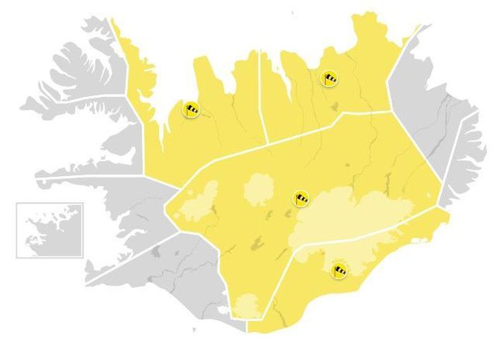 Veðurstofan hefur gefið út gula viðvörun fyrir Suðausturland, Norðurland og miðhálendi.