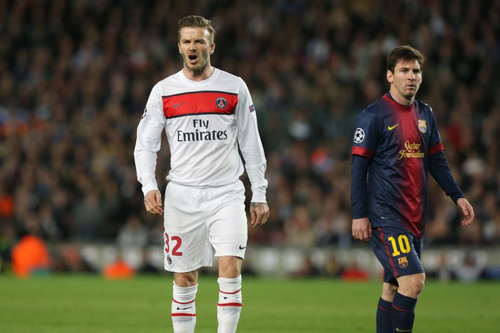 David Beckham og Lionel Messi mættust á sínum tíma er Beckham spilaði fyir PSG. Nú gæti svo farið að Messi gangi til liðs við félag sem Beckham á.