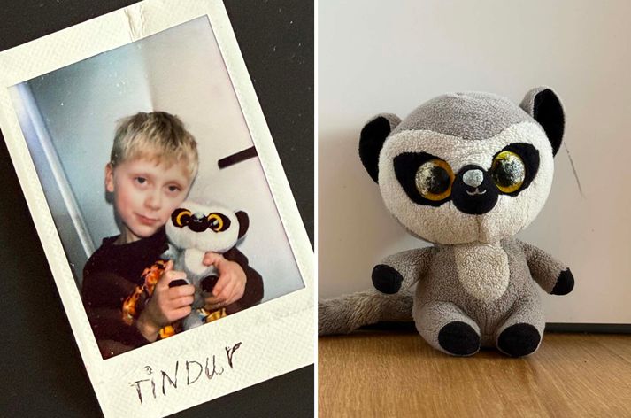 Tindur með tuskulemúrinn sinn, Sæta Stebba, sem hefur einstakt lag á því að týnast á ferðalögum.