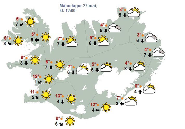 Svona lítur spákort Veðurstofunnar út á hádegi í dag.