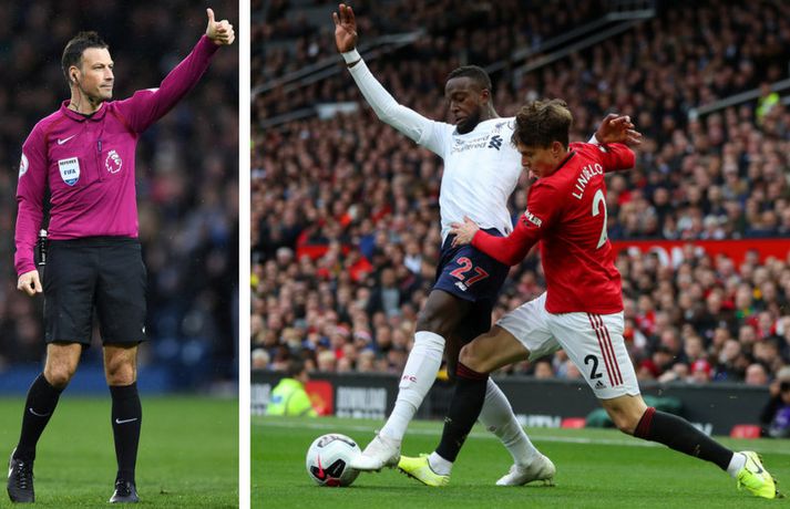 Mark Clattenburg og svo þeir Divock Origi og Victor Lindelof í baráttunni.