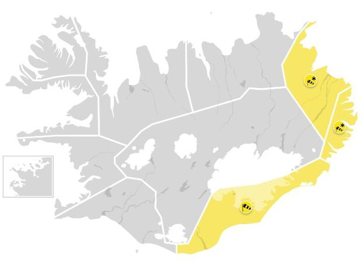 Gular viðvaranir sem gilda frá 22. október til 23. október 2025.