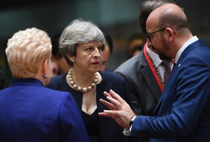 Theresa May ræðir við Dalia Grybauskaite, forseta Litháen, og Charles Michel, forsætisráðherra Belgíu.