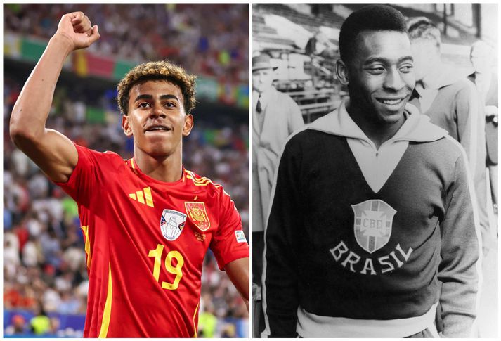 Lamine Yamal sló met Pele í gærkvöldi. Pele var búinn að halda upp á sautján ára afmælið þegar hann skoraði á HM en ekki Yamal.