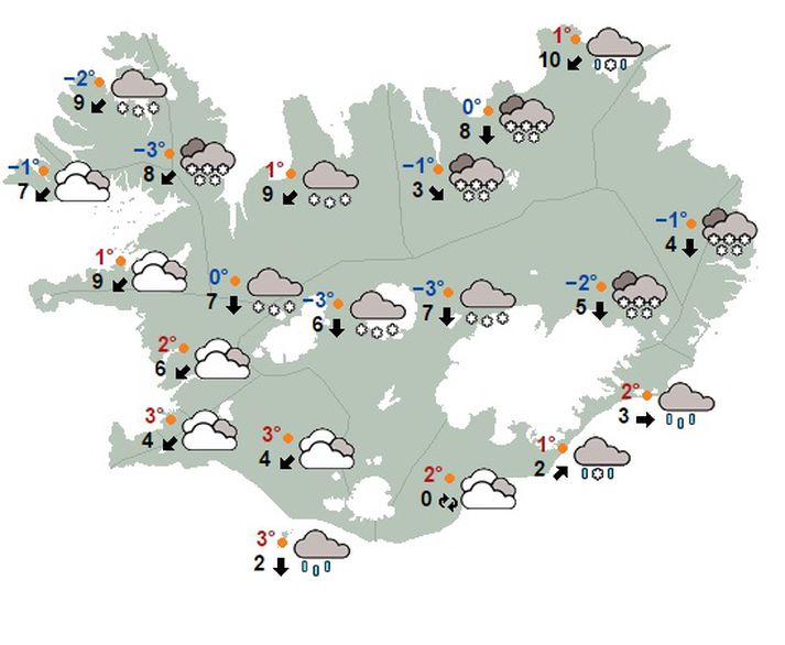 Spá Veðurstofu Íslands fyrir hádegi á laugardag.