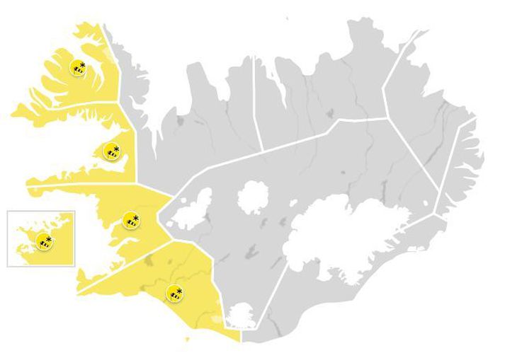 Gular viðvaranir tóku gildi klukkan 18 í dag og gilda flestar í sólarhring, eða lengur.