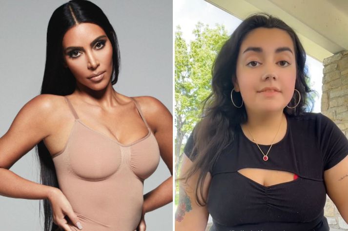 Angelina Wiley segir að Skims-samfestingurinn hafi komið í veg fyrir að henni blæddi út eftir að hún var skotin fjórum sinnum. Hér til vinstri má sjá Kim Kardashian í sams konar samfesting.