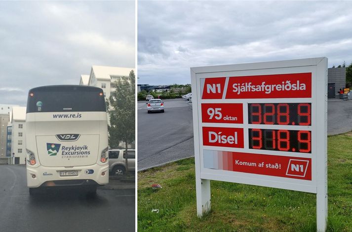 Farþegi rútunnar réðist á ökumanninn á N1 á Hringbraut og var síðan handtekinn. Myndin af rútunni vinstra megin er úr safni og ekki liggur fyrir frá hvaða rútufyrirtæki rútan er. 