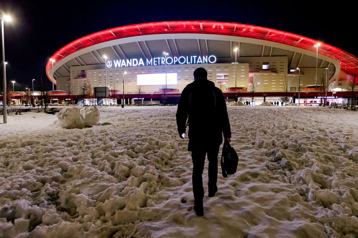 Atletico Madrid spilar heimaleiki sína á Estadio Wanda Metropolitano og þar eru menn ekki vanir að sjá mikinn snjó.