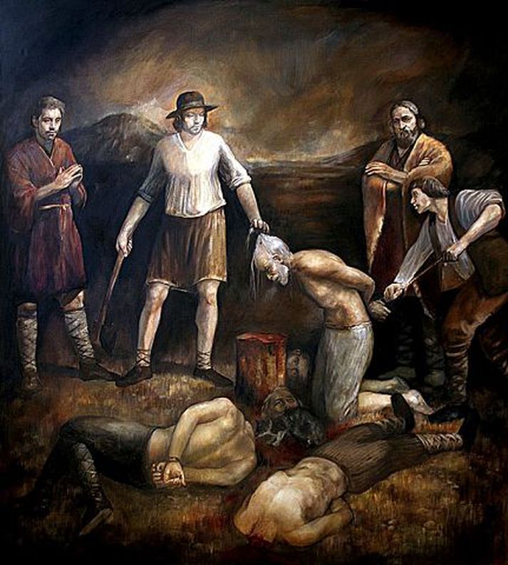 Þrándur við sjálfsmynd sem hann málaði af sér í hlutverki bresks lávarðar.
