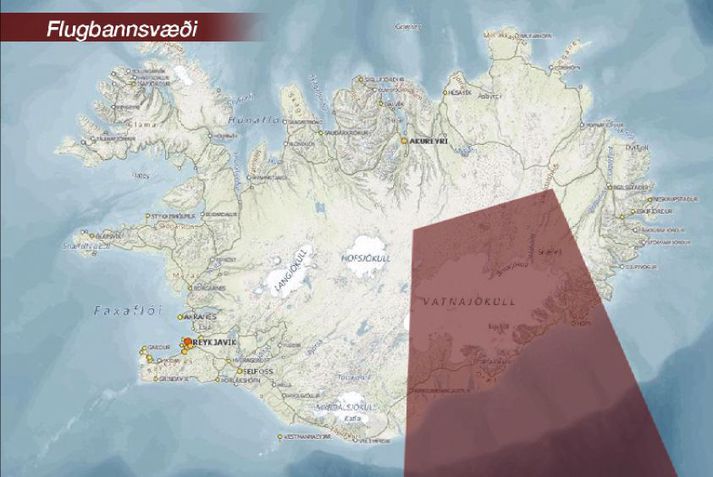 Hér má sjá flugbannsvæðið sem Veðurstofa Íslands og Samhæfingarstöð almannavarna ákváðu fyrr í dag.