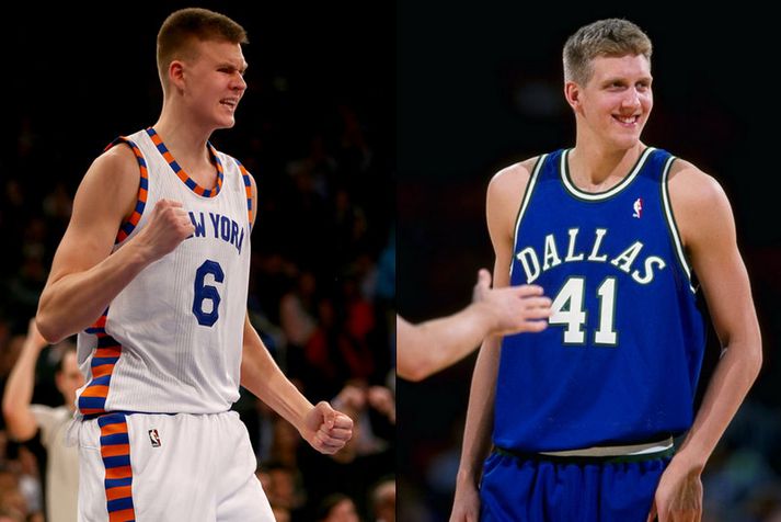 Lettinn Kristaps Porzingis og Dirk Nowitzki árið 1999.