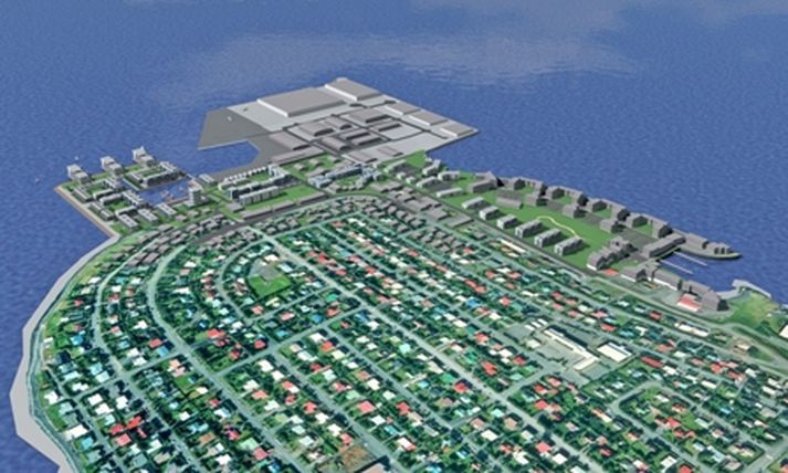 Tölvuteiknuð mynd af fyrirhugaðri landfyllingu og byggingum á Kársnesi.