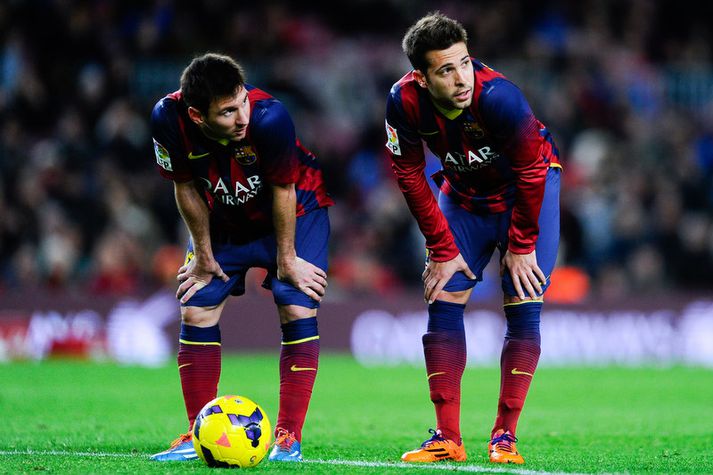 Lionel Messi með Jordi Alba sem skoraði fyrsta mark leiksins.
