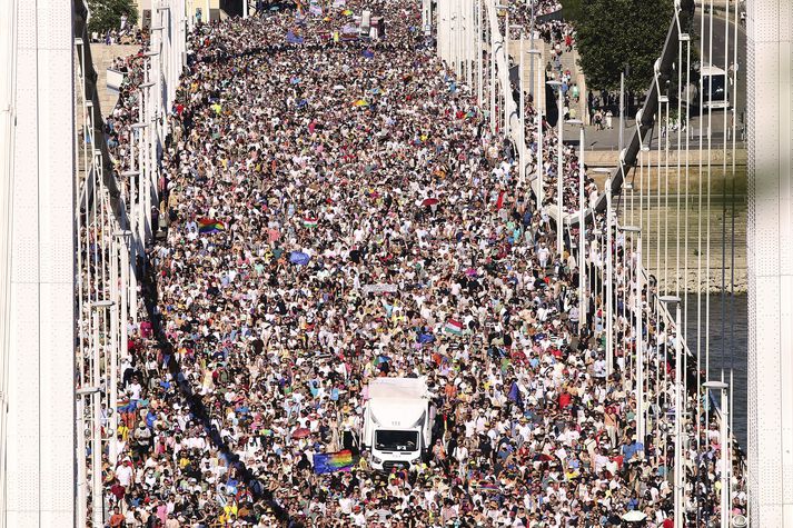 Hungary Pride March Participants in the Pride march cross the Elisabeth Bridge in Budapest, Hungary, Saturday, June 28, 2025. (AP Photo/Rudolf Karancsi)