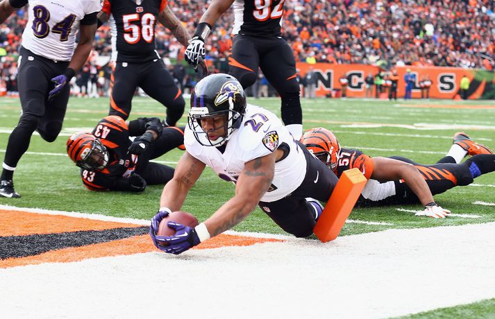 Ray Rice skorar snertimark á nýliðnu tímabili í NFL-deildinni.